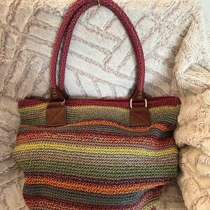 The Sak Red and Green Tote Bag with Leather Handles